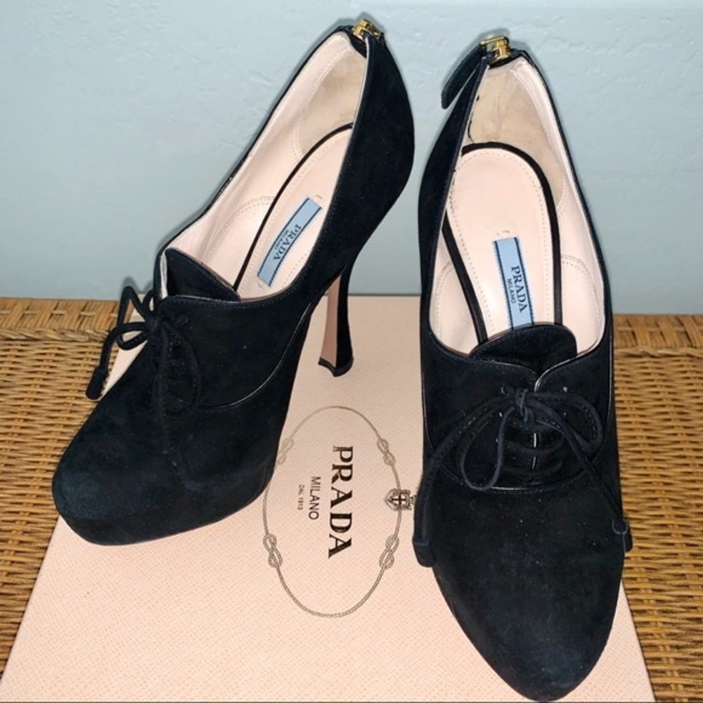 Prada Black Suede Oxfords Lace Up Platform Pumps Sz 37.5 - Picture 2 of 8